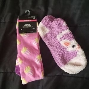 Long popcorn socks and short fuzzy cat socks!